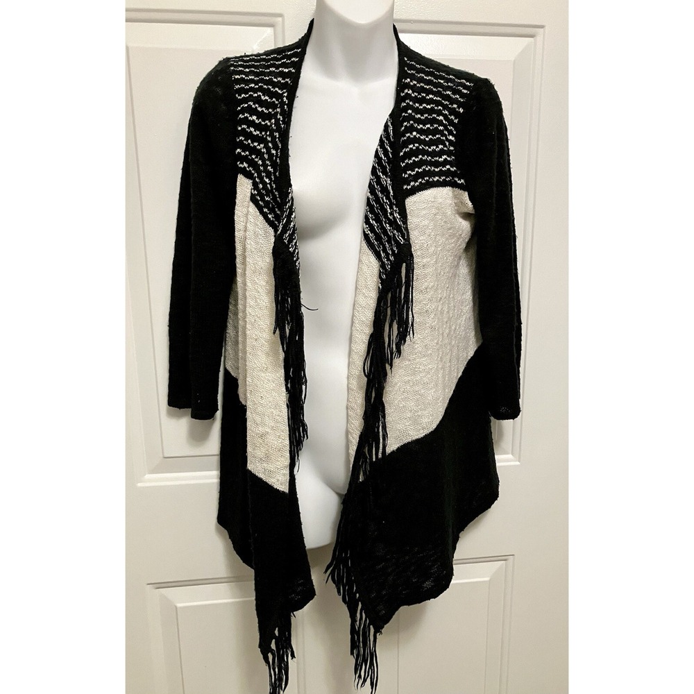 Cupio Women's Fringe Open Cardigan Sweater Medium Black Ivory Tassels